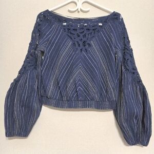 Free People Floating Memories Striped Lace Textured Blouse Blue Top Size XS
